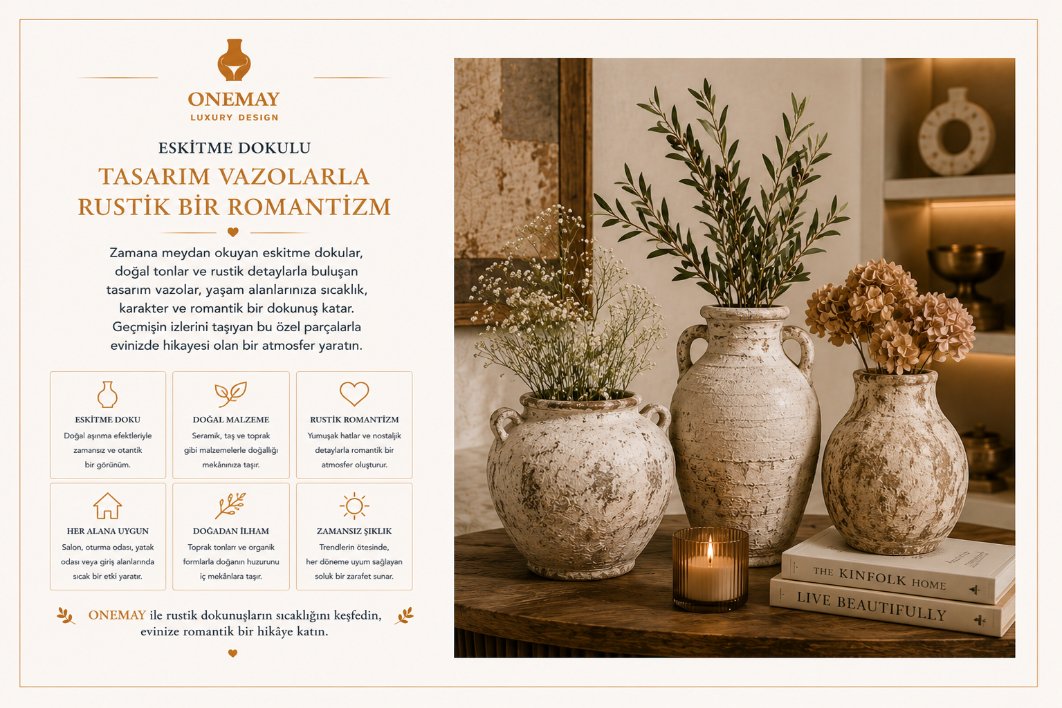 Eskitme Dokulu Tasarım Vazolarla Rustik Bir Romantizm